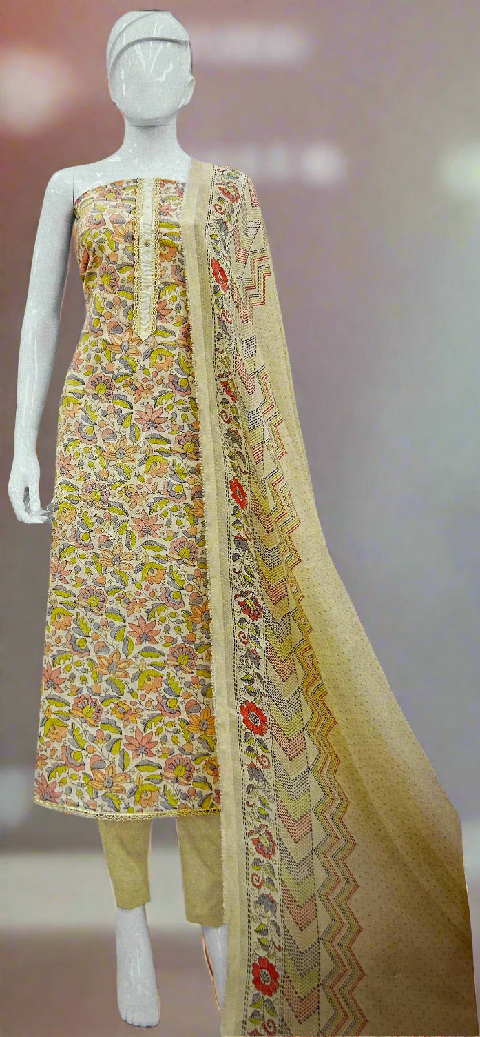 YELLOW COTTON SUIT WITH DIGITAL PRINT AND LACE