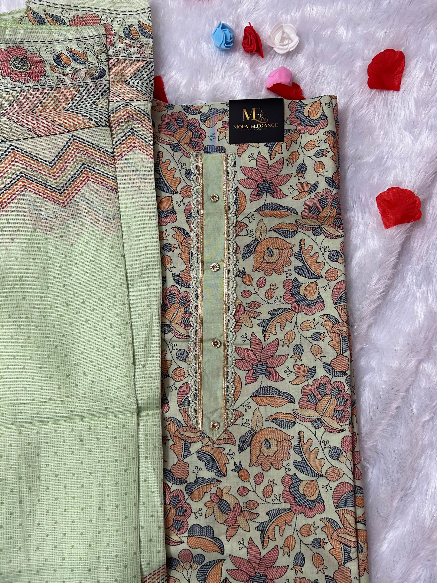 LIGHT GREEN COTTON SUIT WITH DIGITAL PRINT