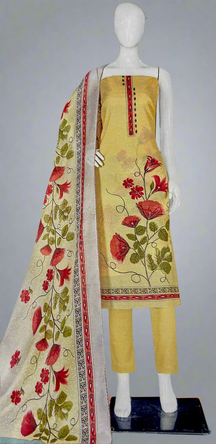 YELLOW COTTON SUIT WITH FLORAL MIRROR WORK