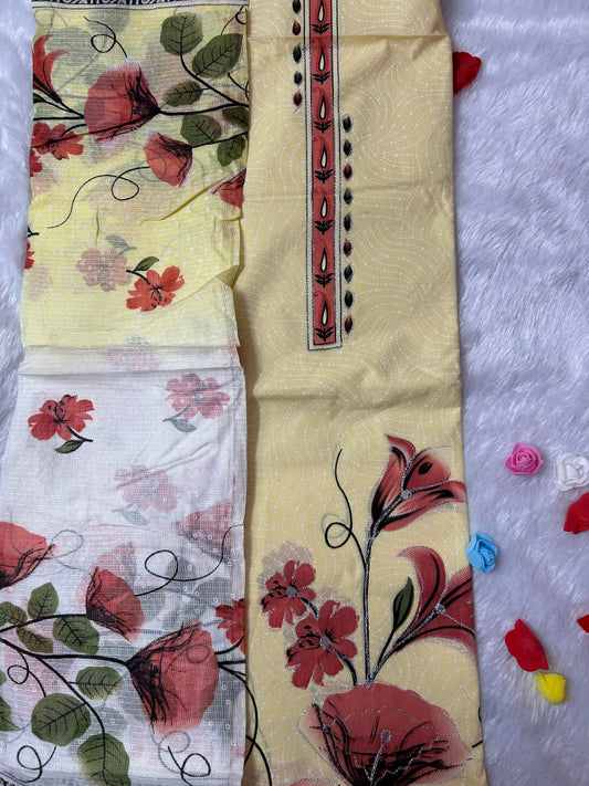 YELLOW COTTON SUIT WITH FLORAL MIRROR WORK