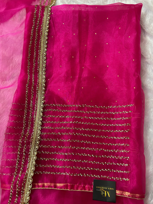 PINK GLASS ORGANZA SUIT WITH CUTDANA WORK