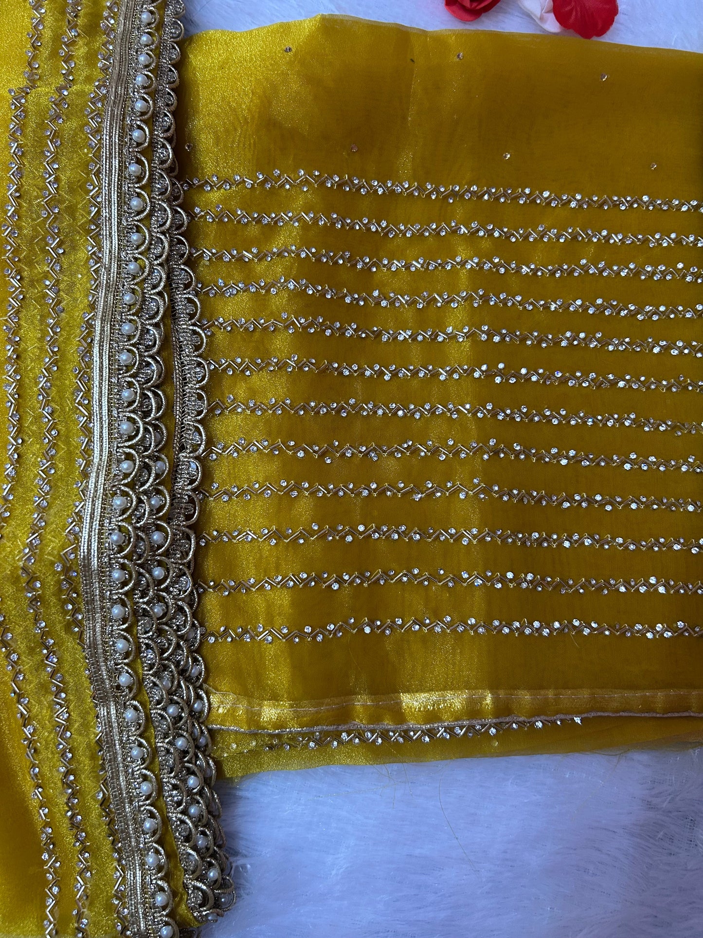 YELLOW GLASS ORGANZA SUIT WITH CUTDANA AND STONE WORK