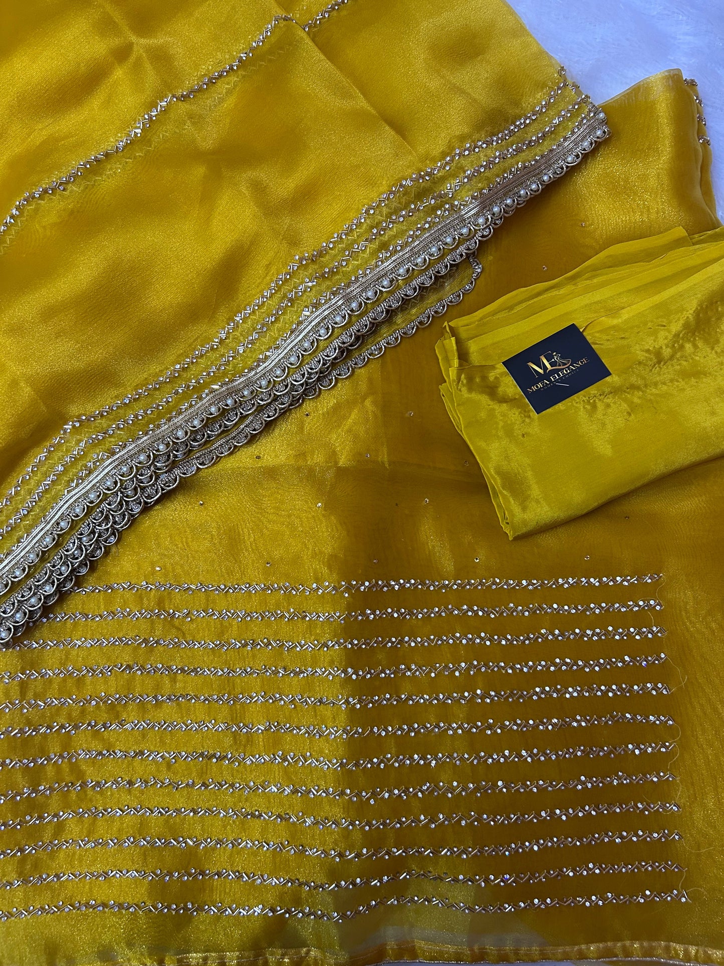 YELLOW GLASS ORGANZA SUIT WITH CUTDANA AND STONE WORK