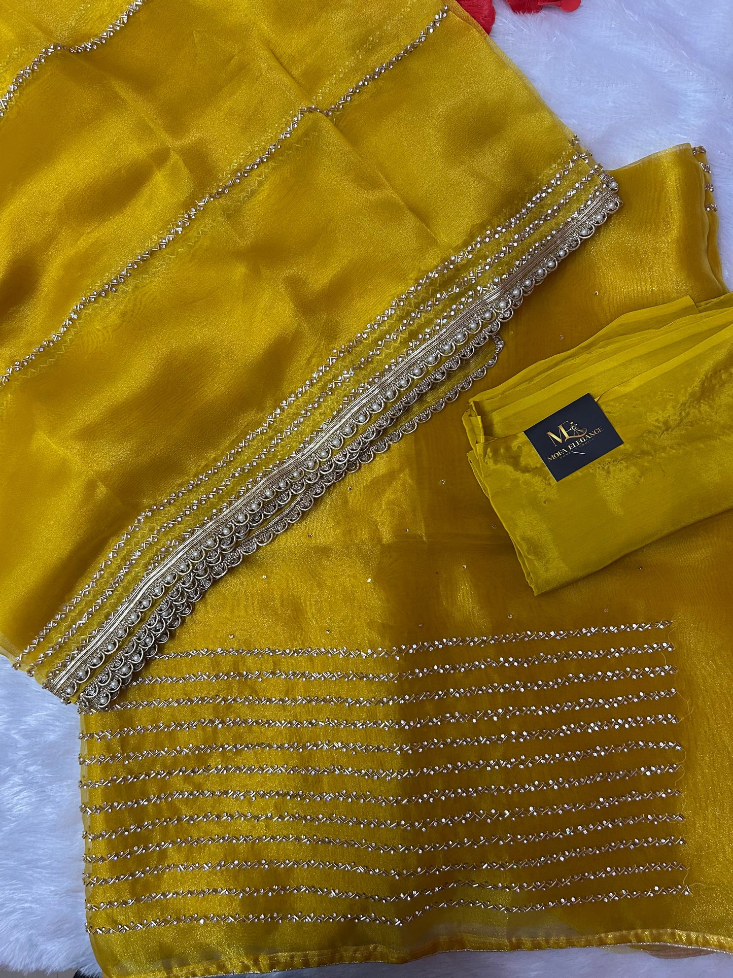 YELLOW GLASS ORGANZA SUIT WITH CUTDANA AND STONE WORK