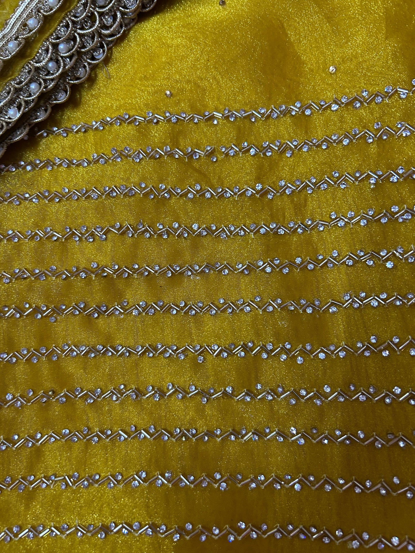 YELLOW GLASS ORGANZA SUIT WITH CUTDANA AND STONE WORK