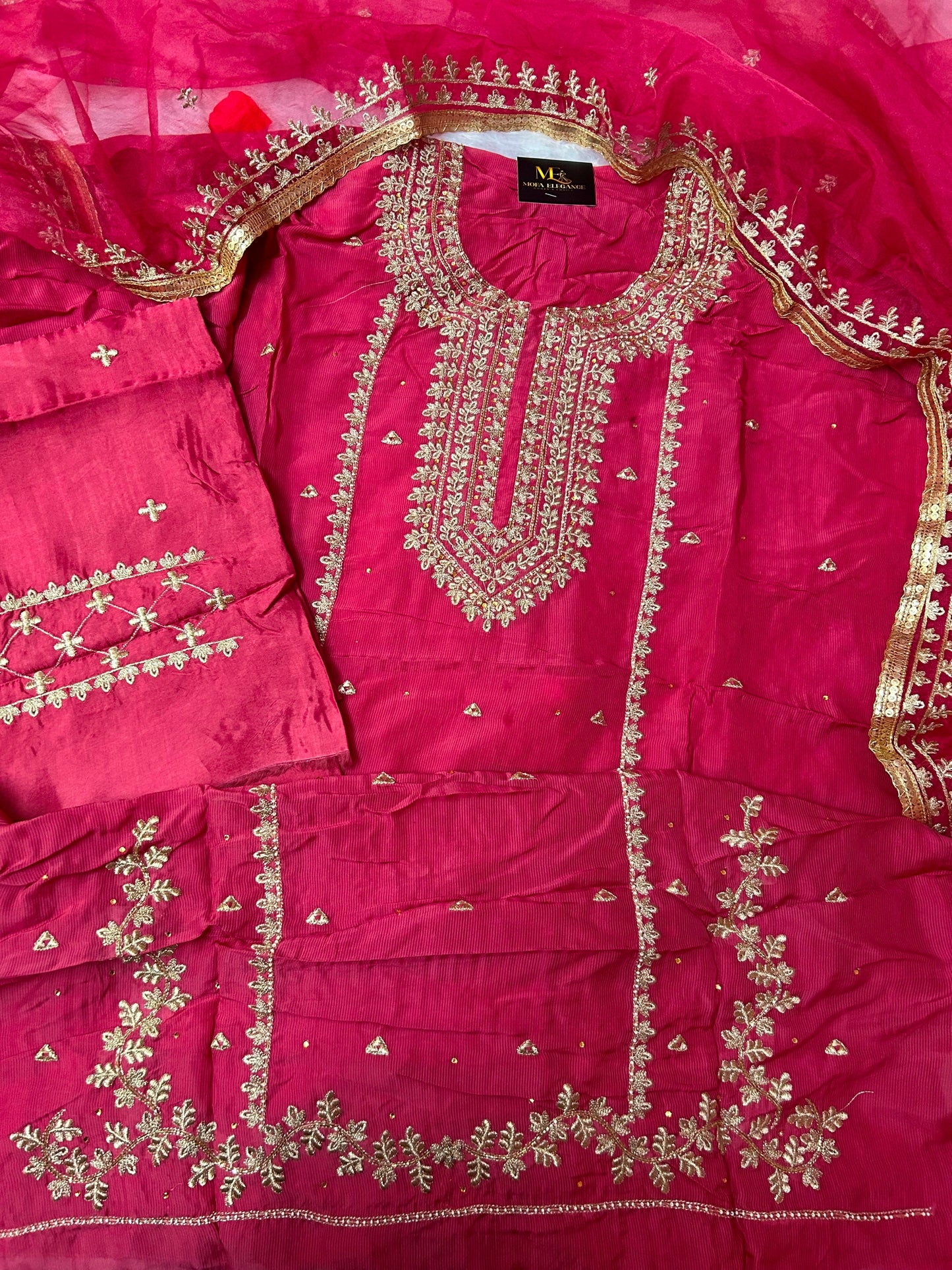 PINK SOFT ORGANZA SUIT WITH STONES AND WORK