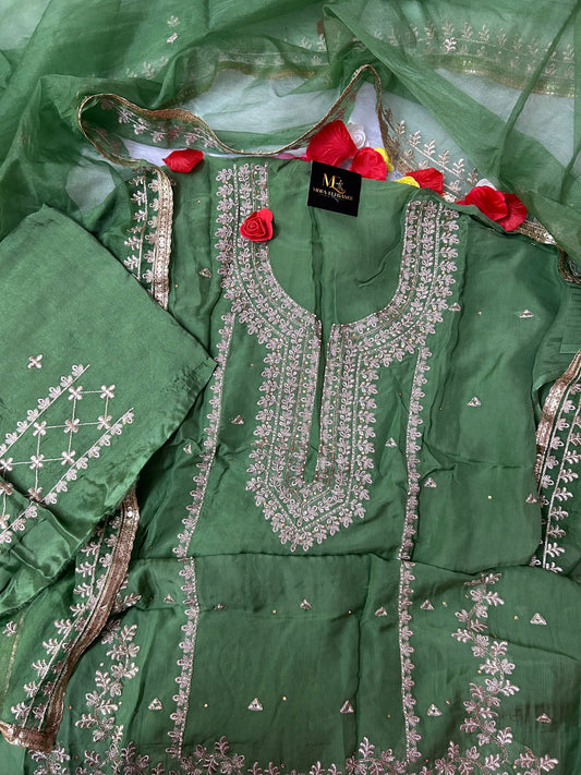 LIGHT GREEN SOFT ORGANZA SUIT WITH STONES  WORK