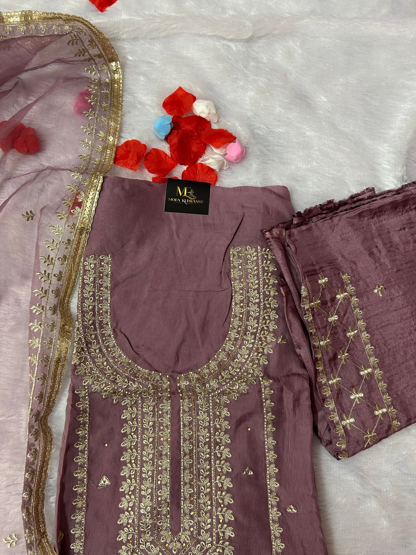 PURPLE SOFT ORGANZA SUIT WITH STONES WORK