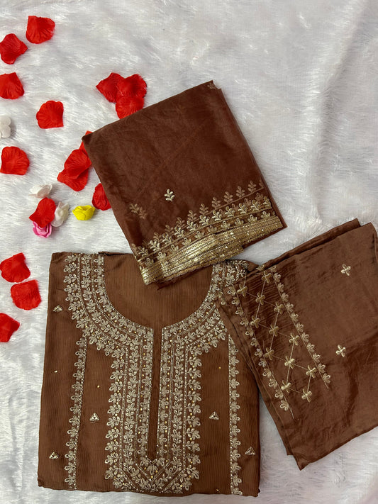 BROWN SOFT ORGANZA SUIT WITH STONES  WORK