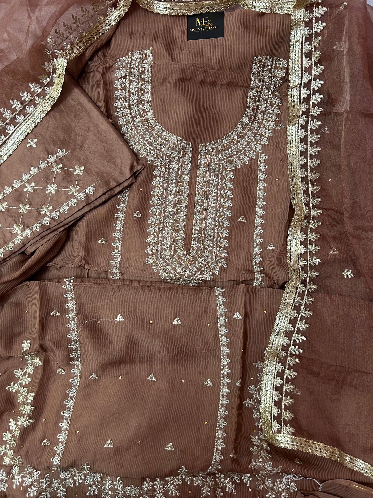 BROWN SOFT ORGANZA SUIT WITH STONES  WORK