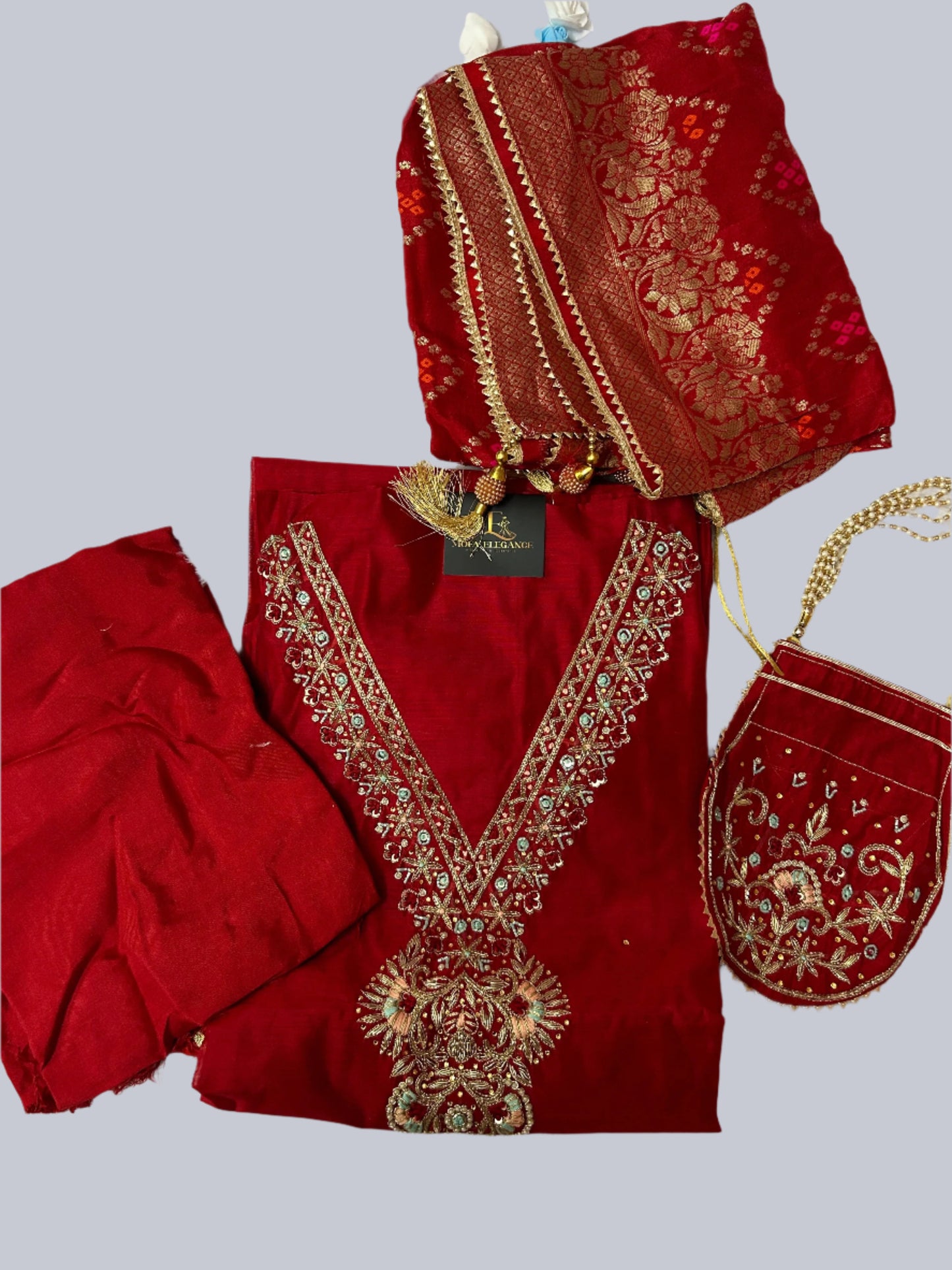 RED ORGANZA SUIT WITH ZARDOZI AND STONE WORK