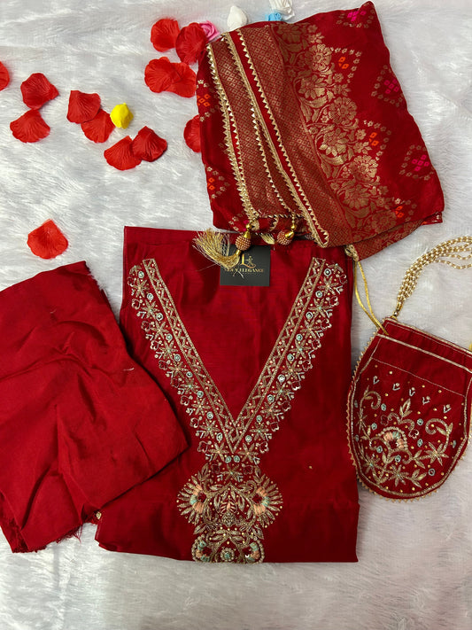 RED ORGANZA SUIT WITH ZARDOZI AND STONE WORK