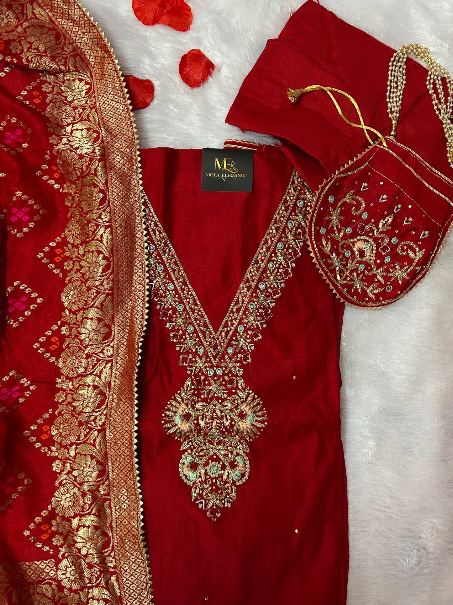 RED ORGANZA SUIT WITH ZARDOZI AND STONE WORK