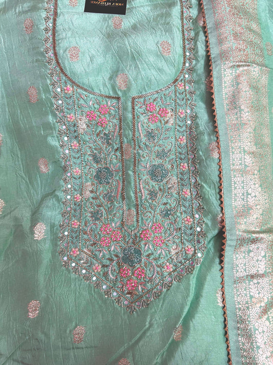 LIGHT GREEN SILK SUIT WITH ZARDOZI  WORK