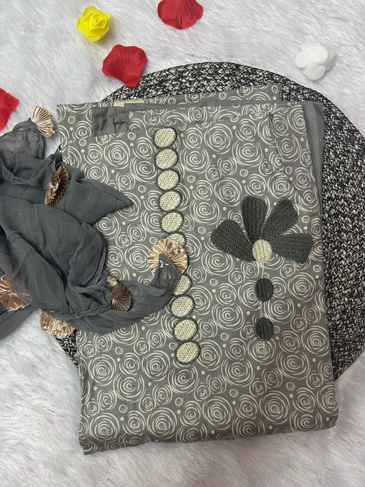 GREY SUIT COTTON WITH THREAD FLOWER WORK