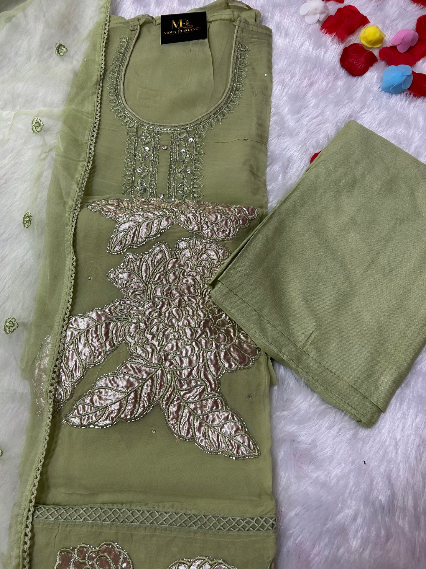 LIGHT GREEN SOFT ORGANZA SUIT WITH PATCH WORK