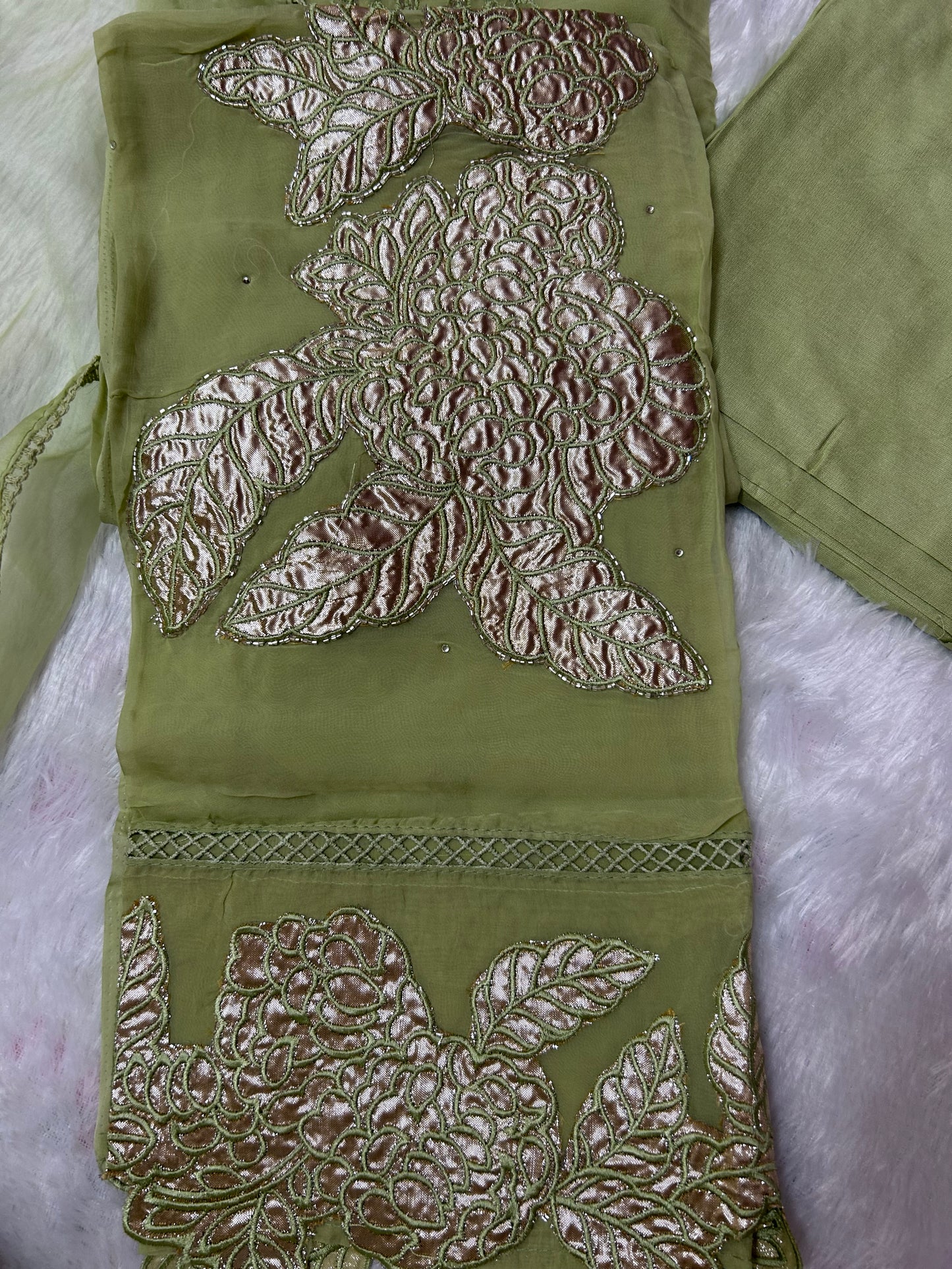 LIGHT GREEN SOFT ORGANZA SUIT WITH PATCH WORK