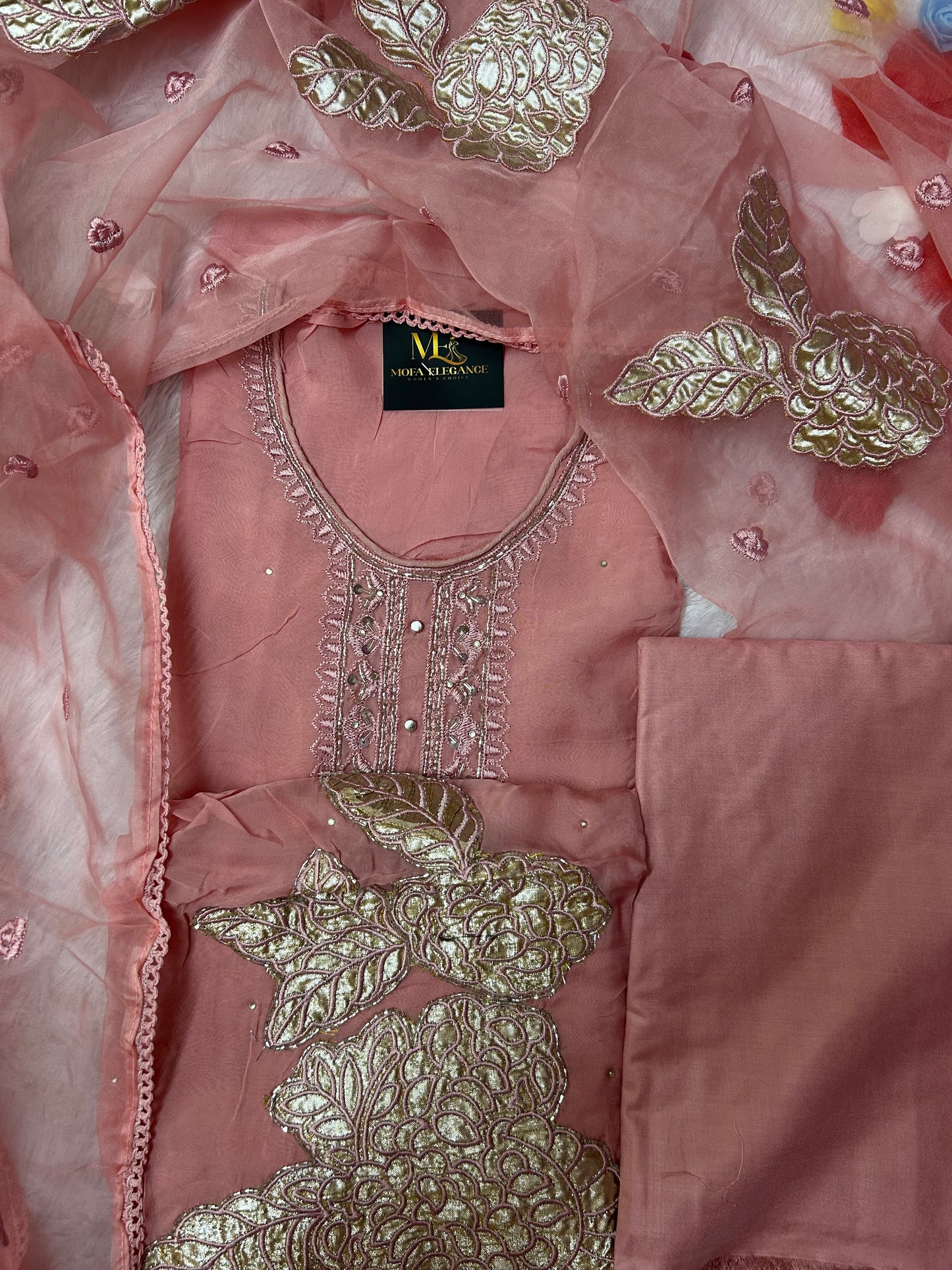 PEACH SOFT ORGANZA SUIT WITH PATCH WORK