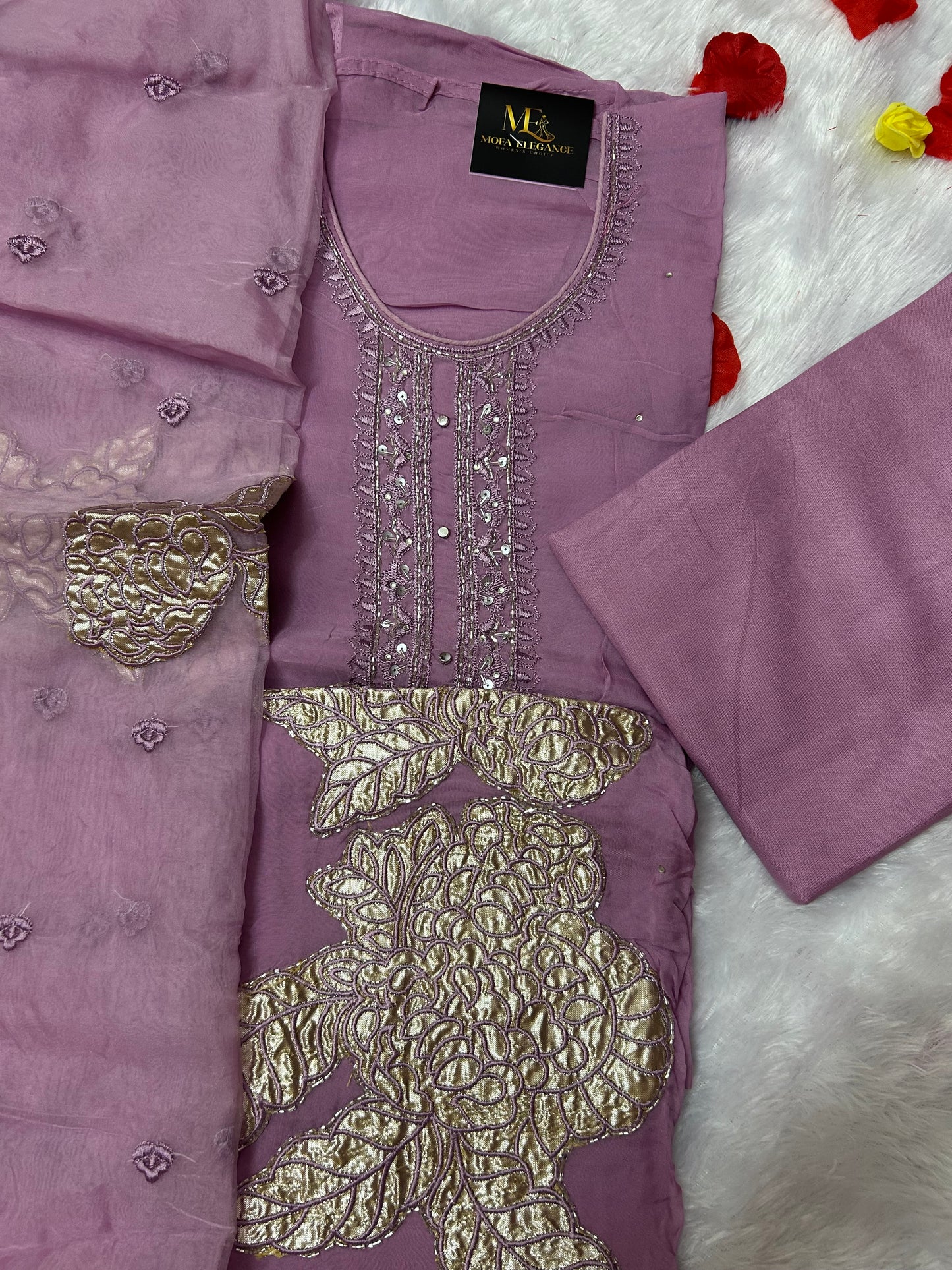 PURPLE SOFT ORGANZA SUIT WITH PATCH WORK