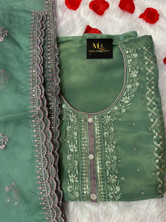 GREEN SOFT ORGANZA SUIT WITH STONES  WORK