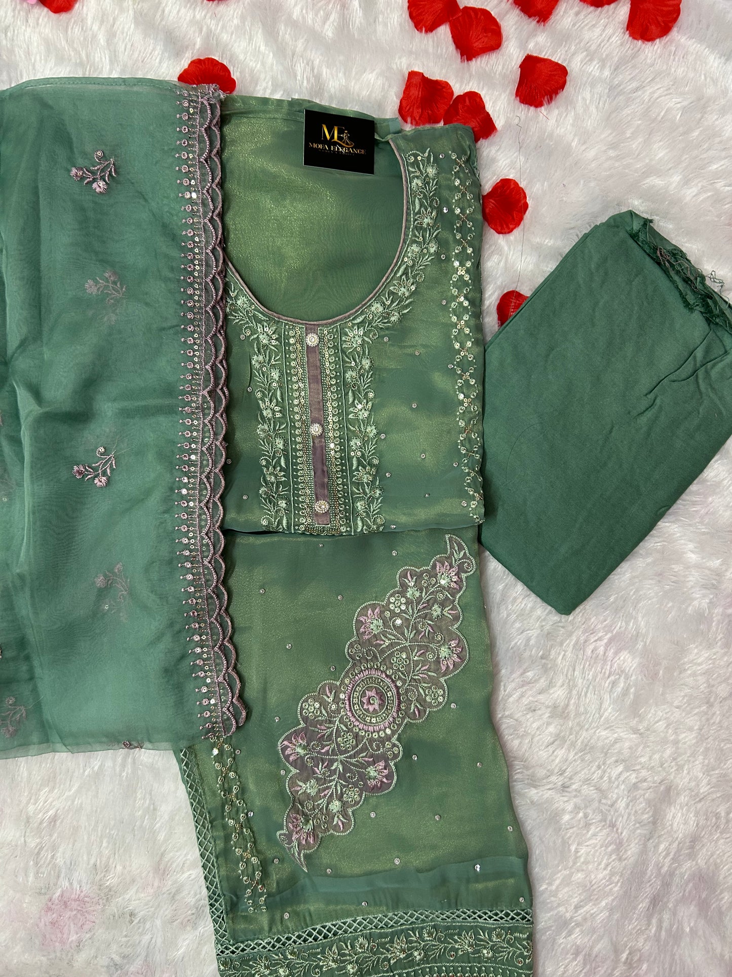 GREEN SOFT ORGANZA SUIT WITH STONES  WORK