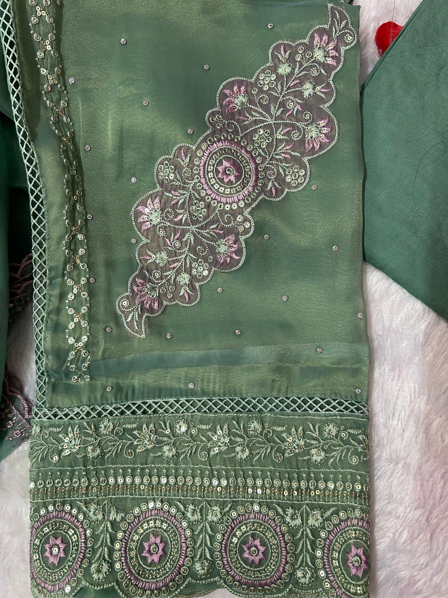 GREEN SOFT ORGANZA SUIT WITH STONES  WORK