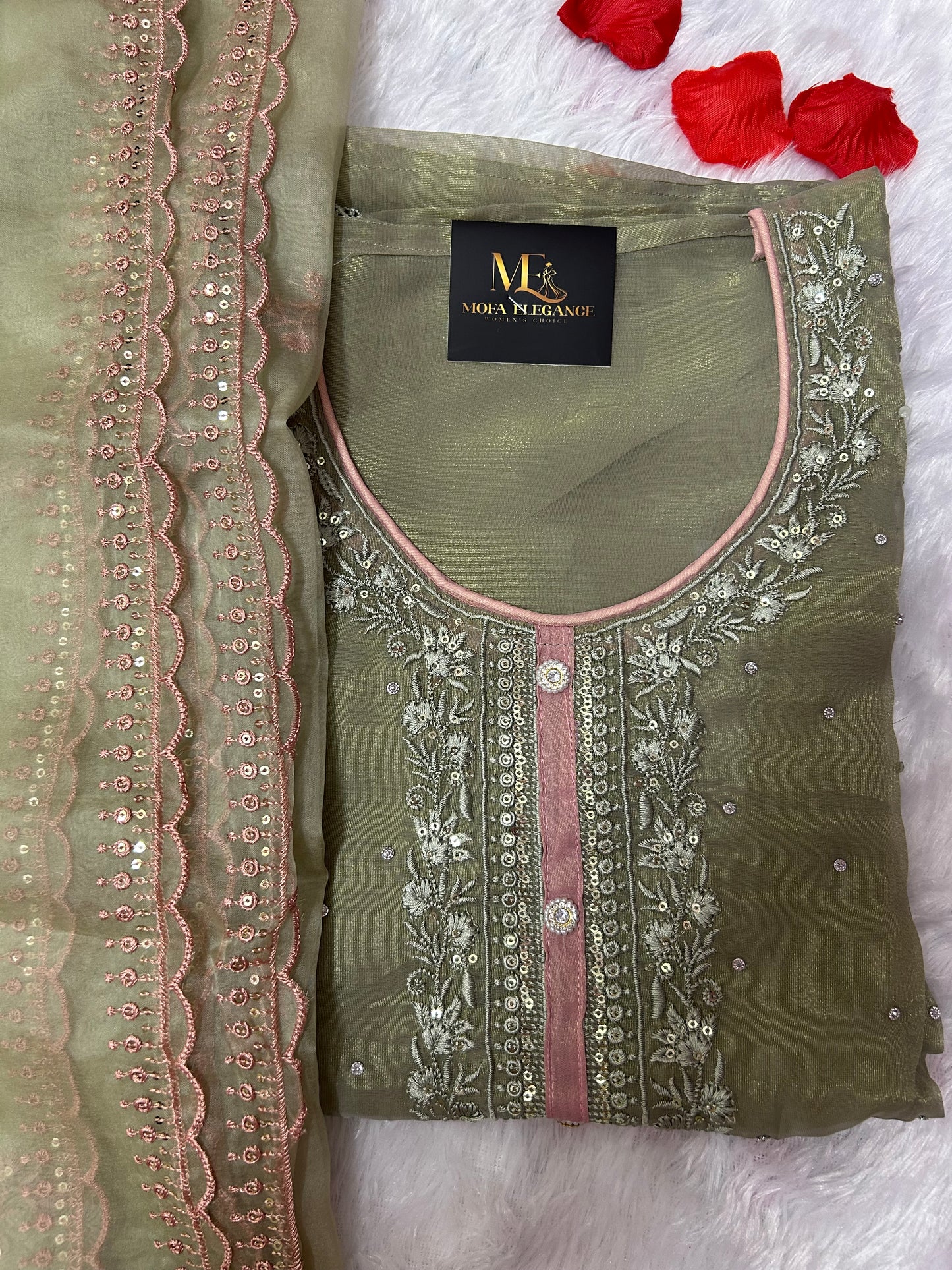 MEHENDI COLOR SOFT ORGANZA SUIT WITH STONES