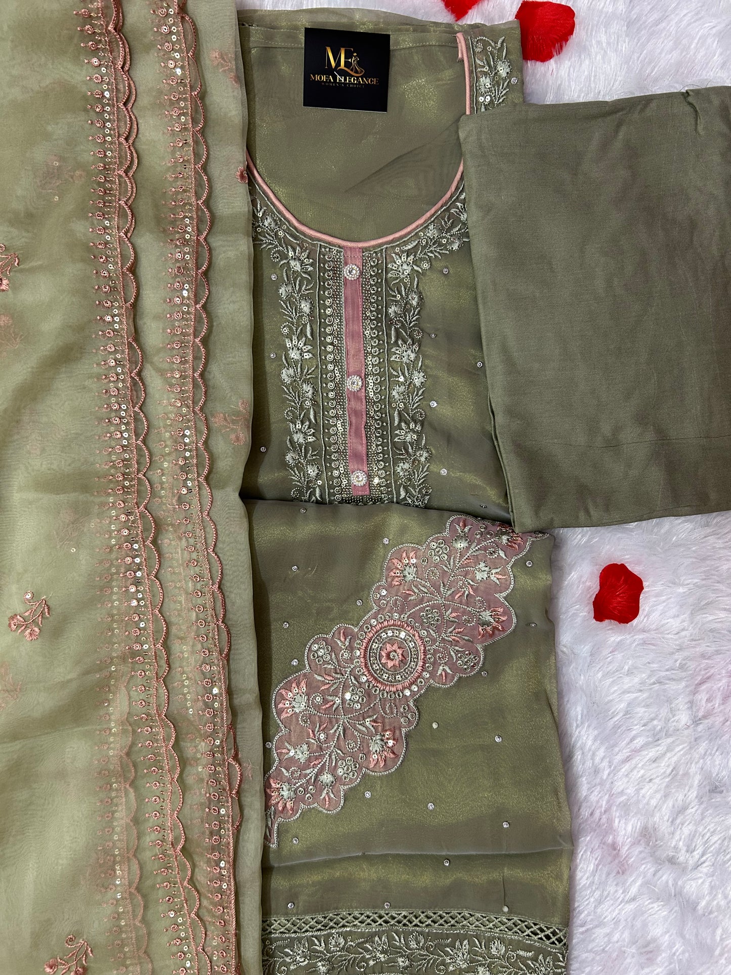 MEHENDI COLOR SOFT ORGANZA SUIT WITH STONES