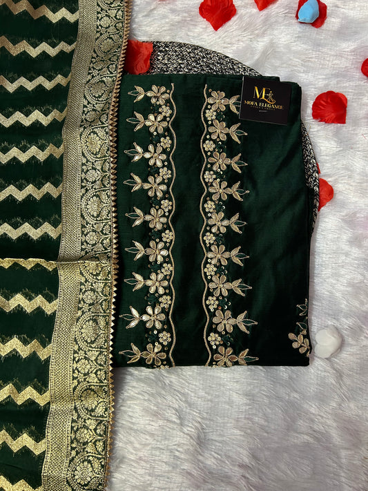 GREEN CHANDERI SILK SUIT WITH  CHAMKI WORK