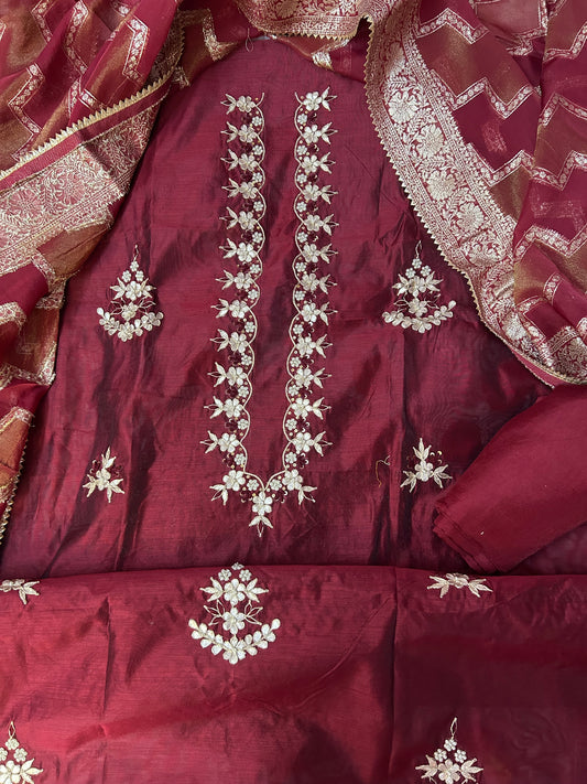 MARRON CHANDERI SILK SUIT WITH FLOWER WORK