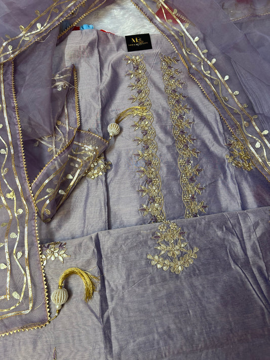 PURPLE CHANDERI SILK SUIT WITH FLOWER WORK