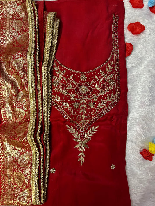 RED CHANDERI SILK SUIT WITH ZARDOZI  WORK