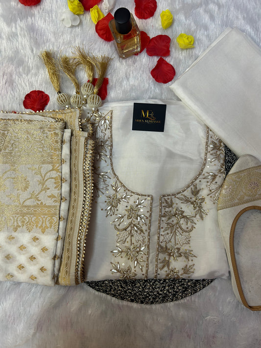 WHITE CHANDERI SILK SUIT WITH ZARDOZI  WORK