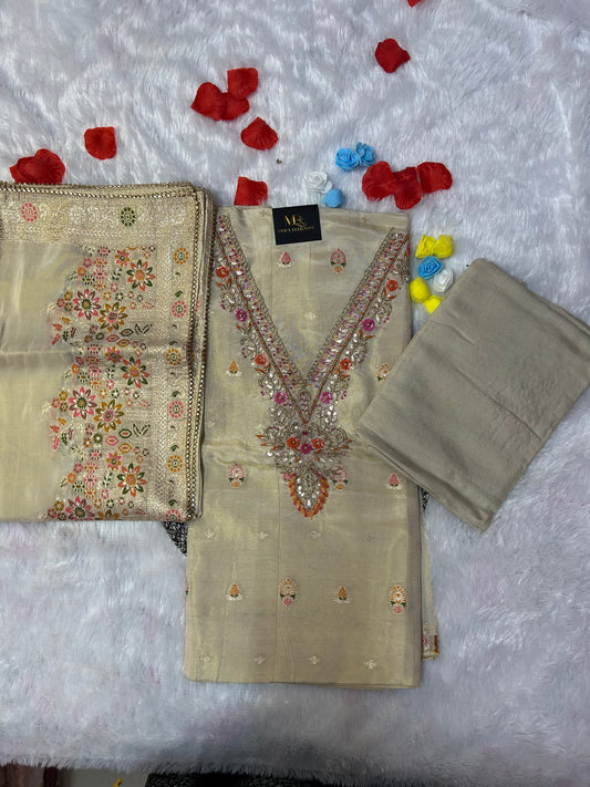 CREAM SILK SUIT WITH BEATS AND THREAD WORK