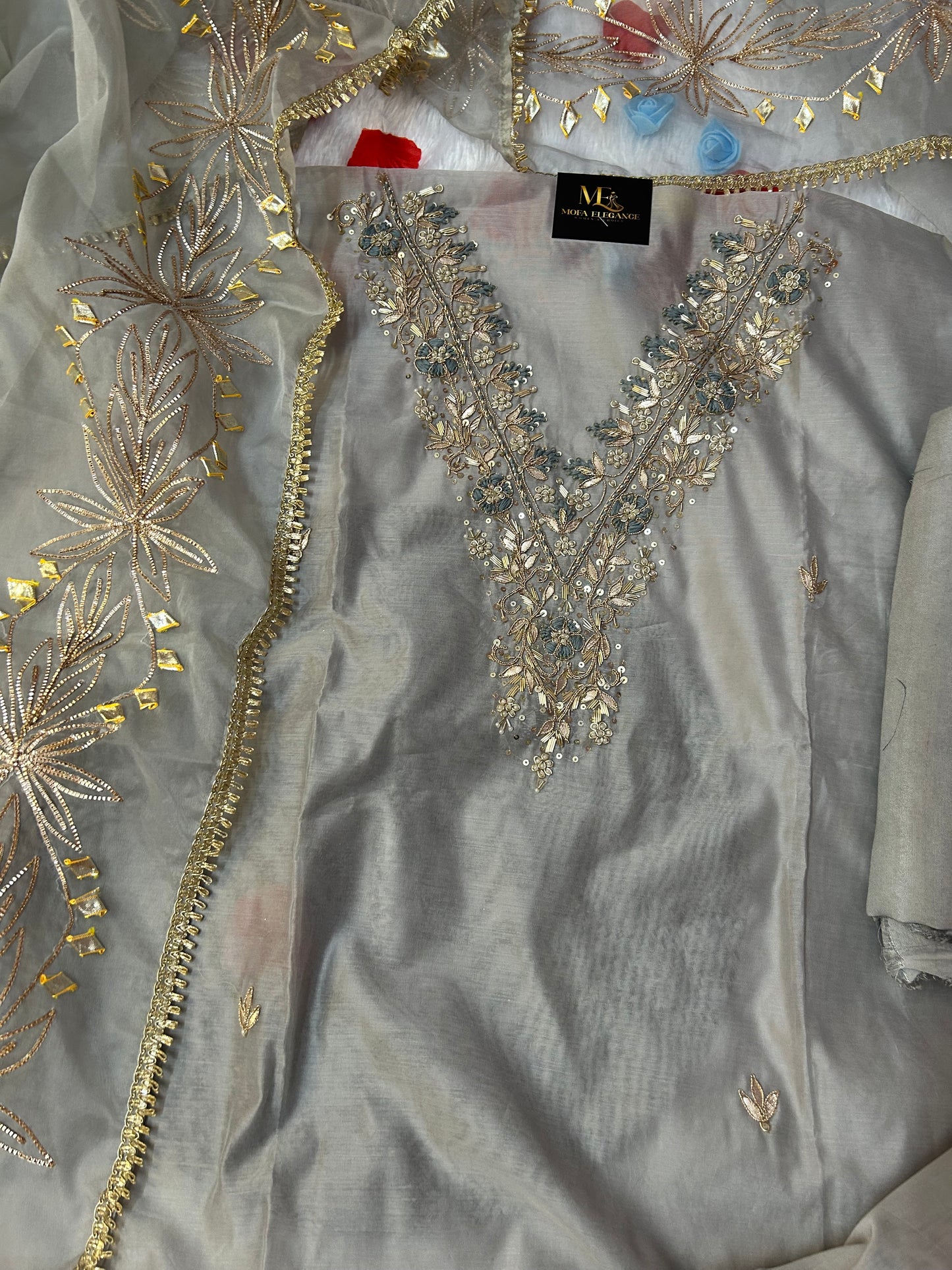 GREY ORGANZA SUIT WITH ZARDOZI AND CHAMKI WORK