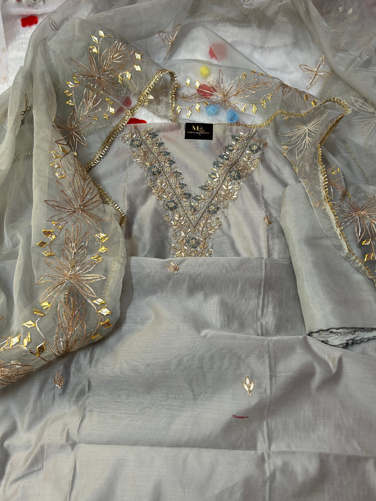 GREY ORGANZA SUIT WITH ZARDOZI AND CHAMKI WORK