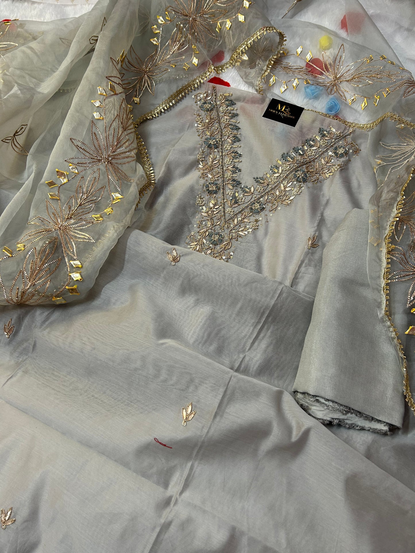 GREY ORGANZA SUIT WITH ZARDOZI AND CHAMKI WORK