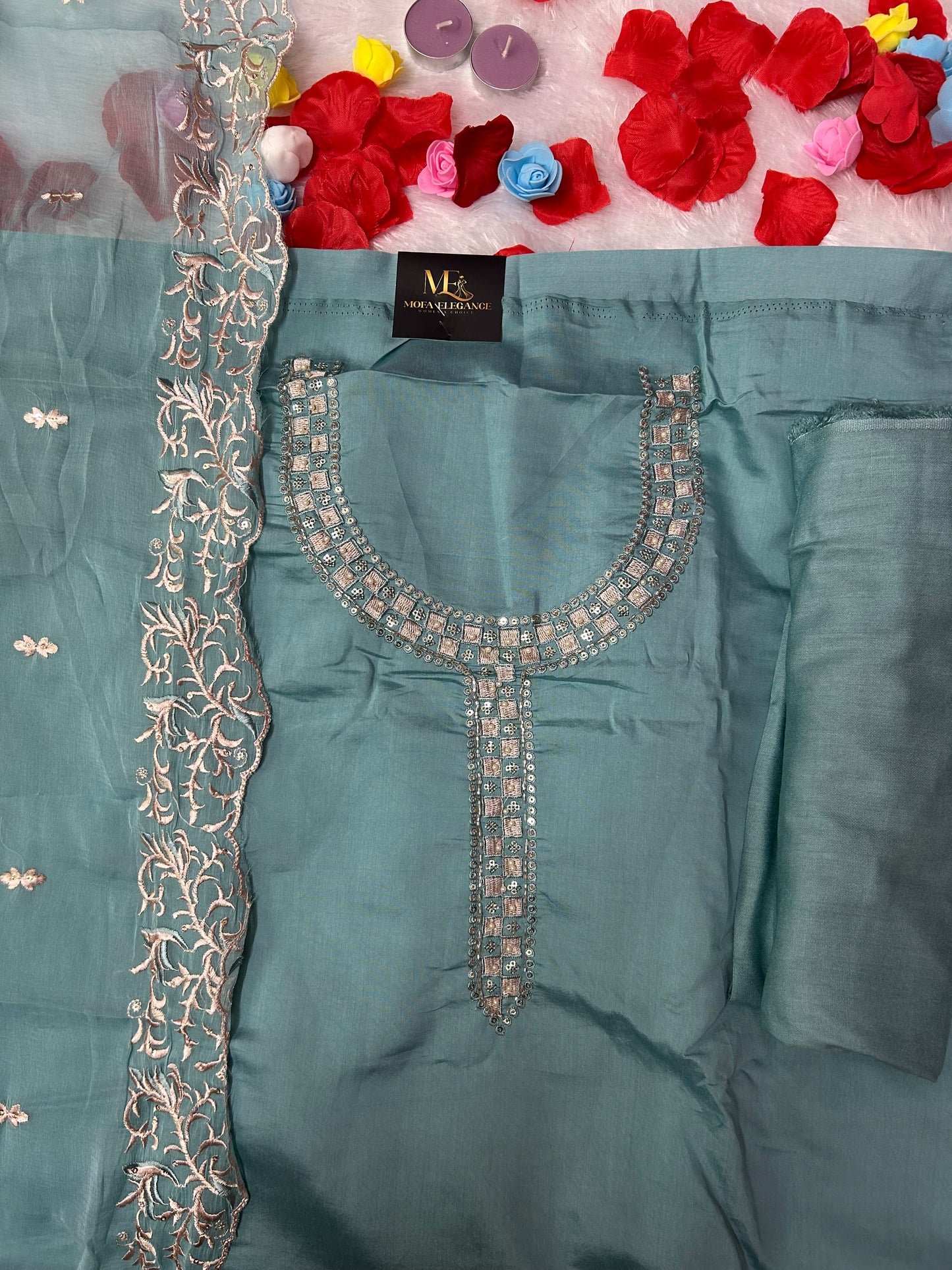 SKYBLUE SOFT ORGANZA SUIT WITH CHAMKI WORK