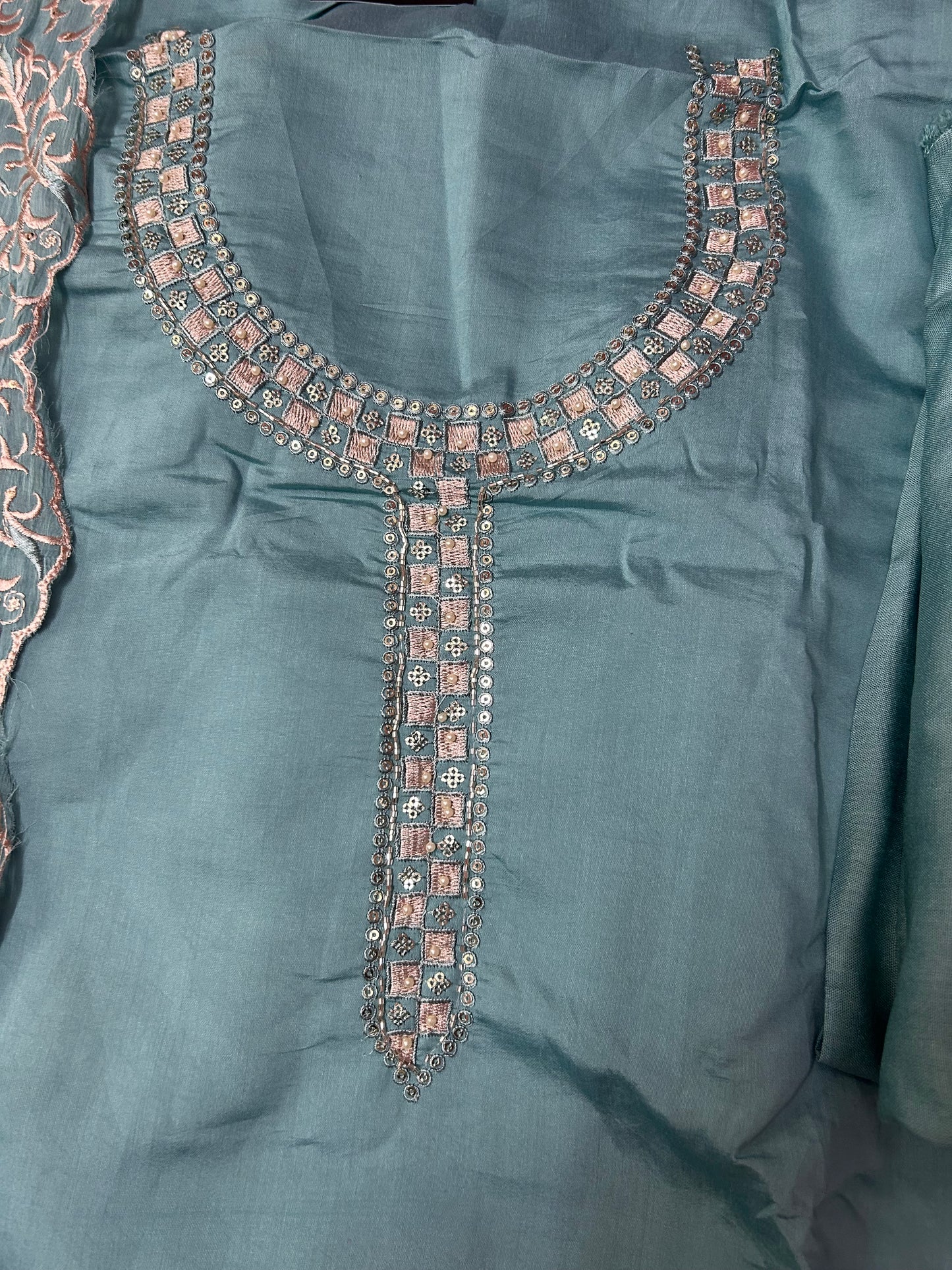 SKYBLUE SOFT ORGANZA SUIT WITH CHAMKI WORK