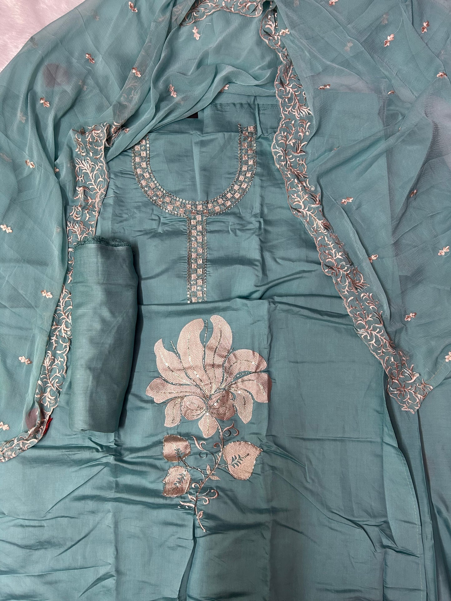 SKYBLUE SOFT ORGANZA SUIT WITH CHAMKI WORK