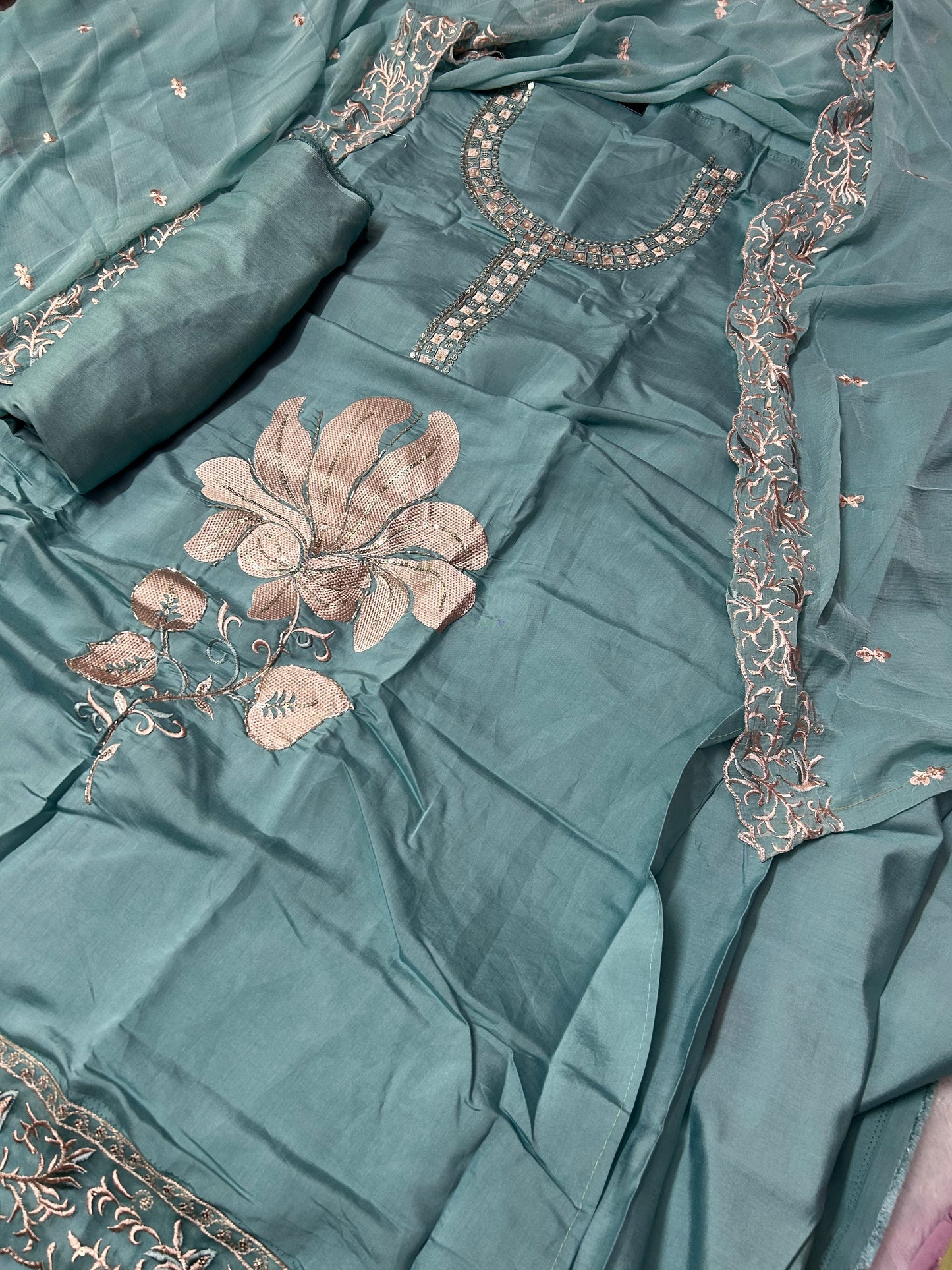 SKYBLUE SOFT ORGANZA SUIT WITH CHAMKI WORK