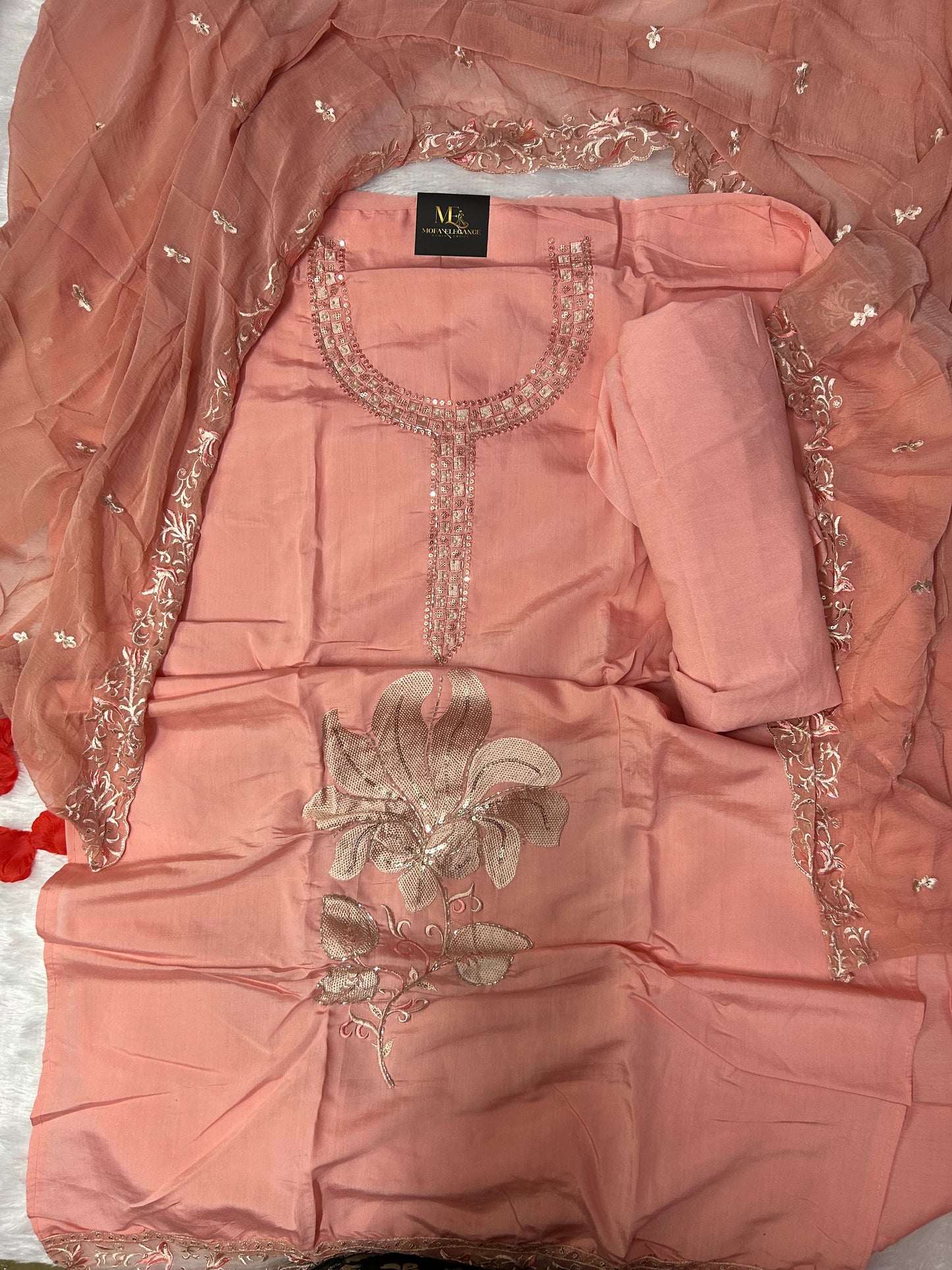 PEACH SOFT ORGANZA SUIT WITH EMBROIDERY WORK