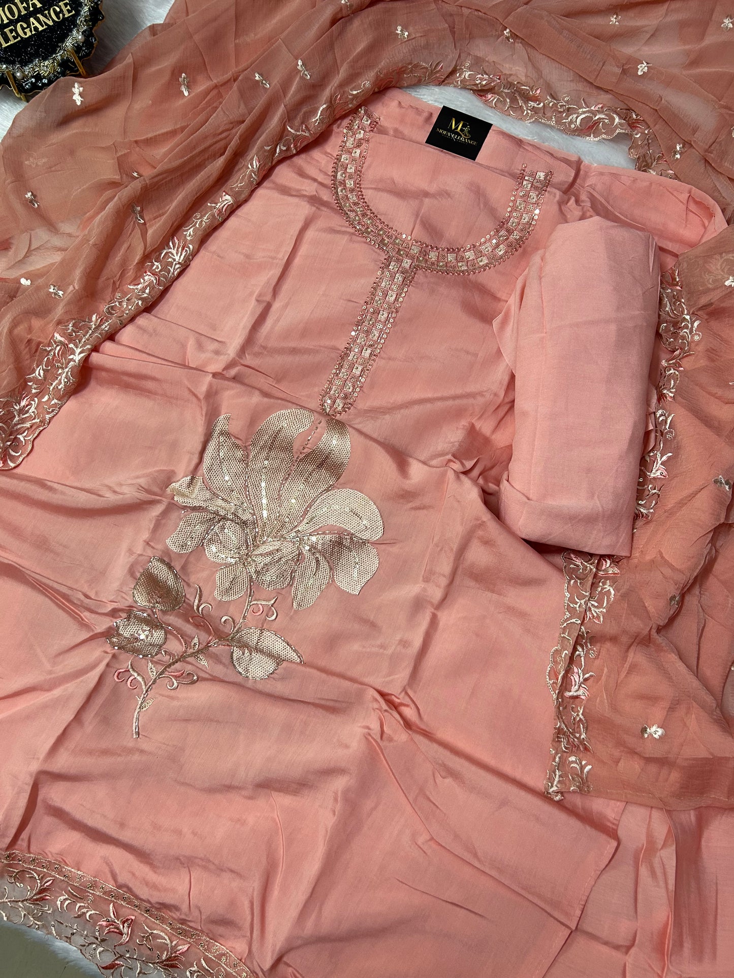 PEACH SOFT ORGANZA SUIT WITH EMBROIDERY WORK