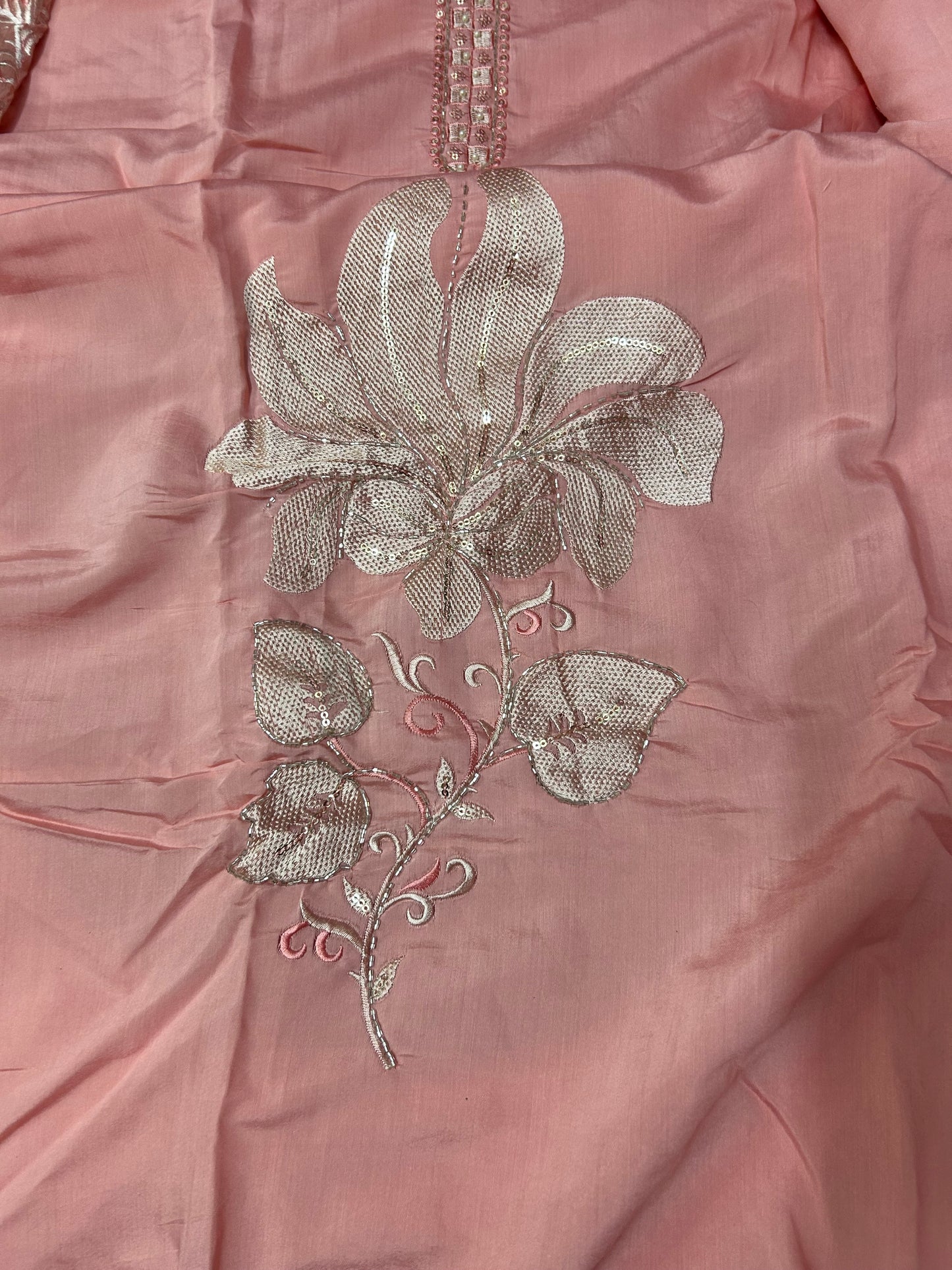 PEACH SOFT ORGANZA SUIT WITH EMBROIDERY WORK