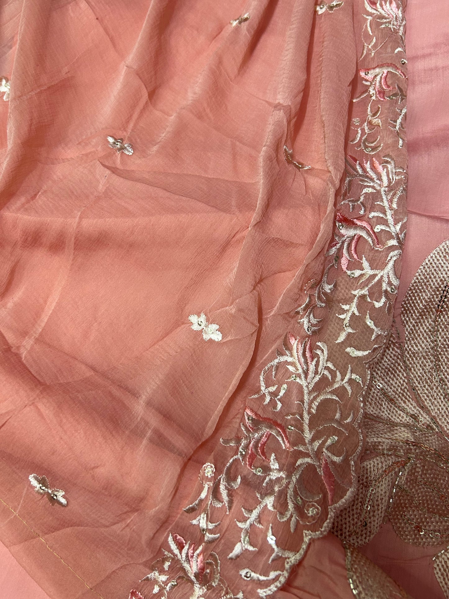 PEACH SOFT ORGANZA SUIT WITH EMBROIDERY WORK