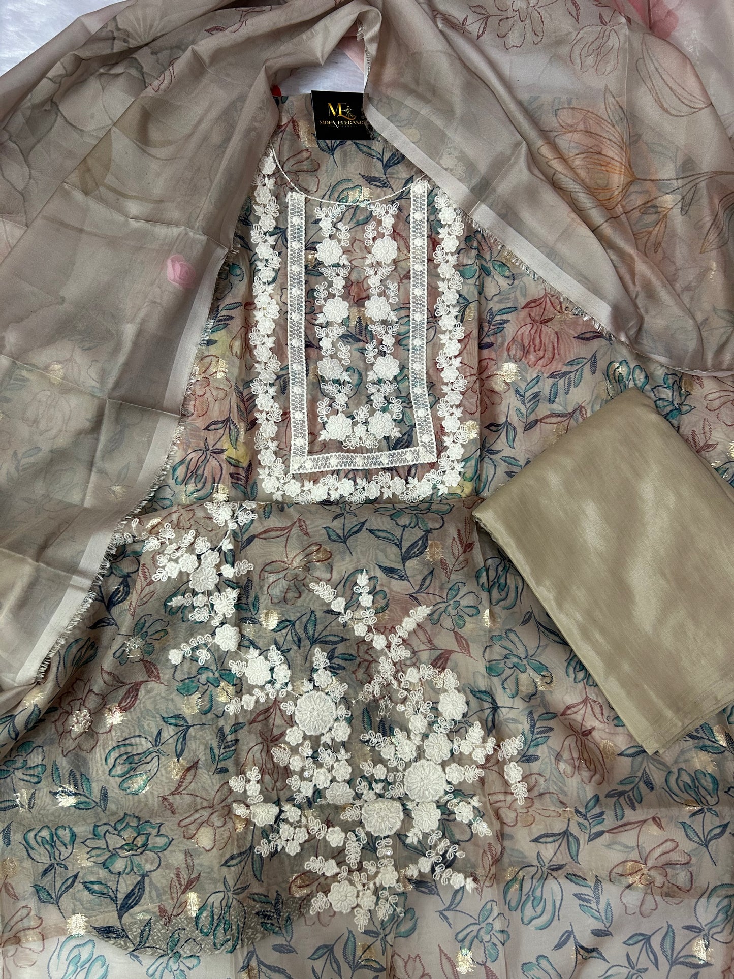 MEHINDI ORGANZA SUIT WITH EMBROIDERY THREAD