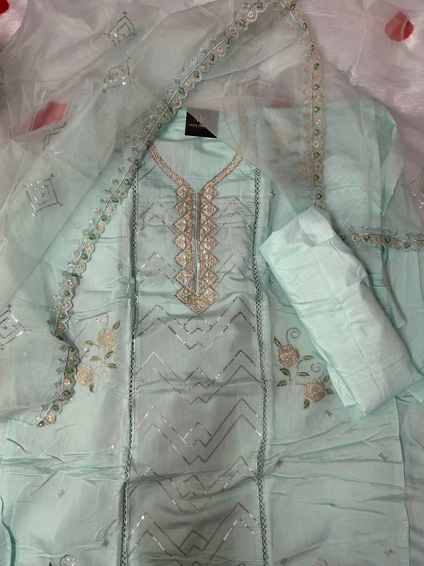 SKYBLUE  SOFT ORGANZA SUIT WITH CUTDANA WORK