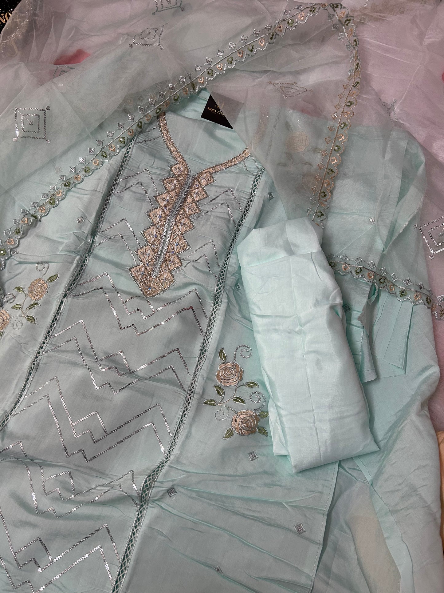 SKYBLUE  SOFT ORGANZA SUIT WITH CUTDANA WORK