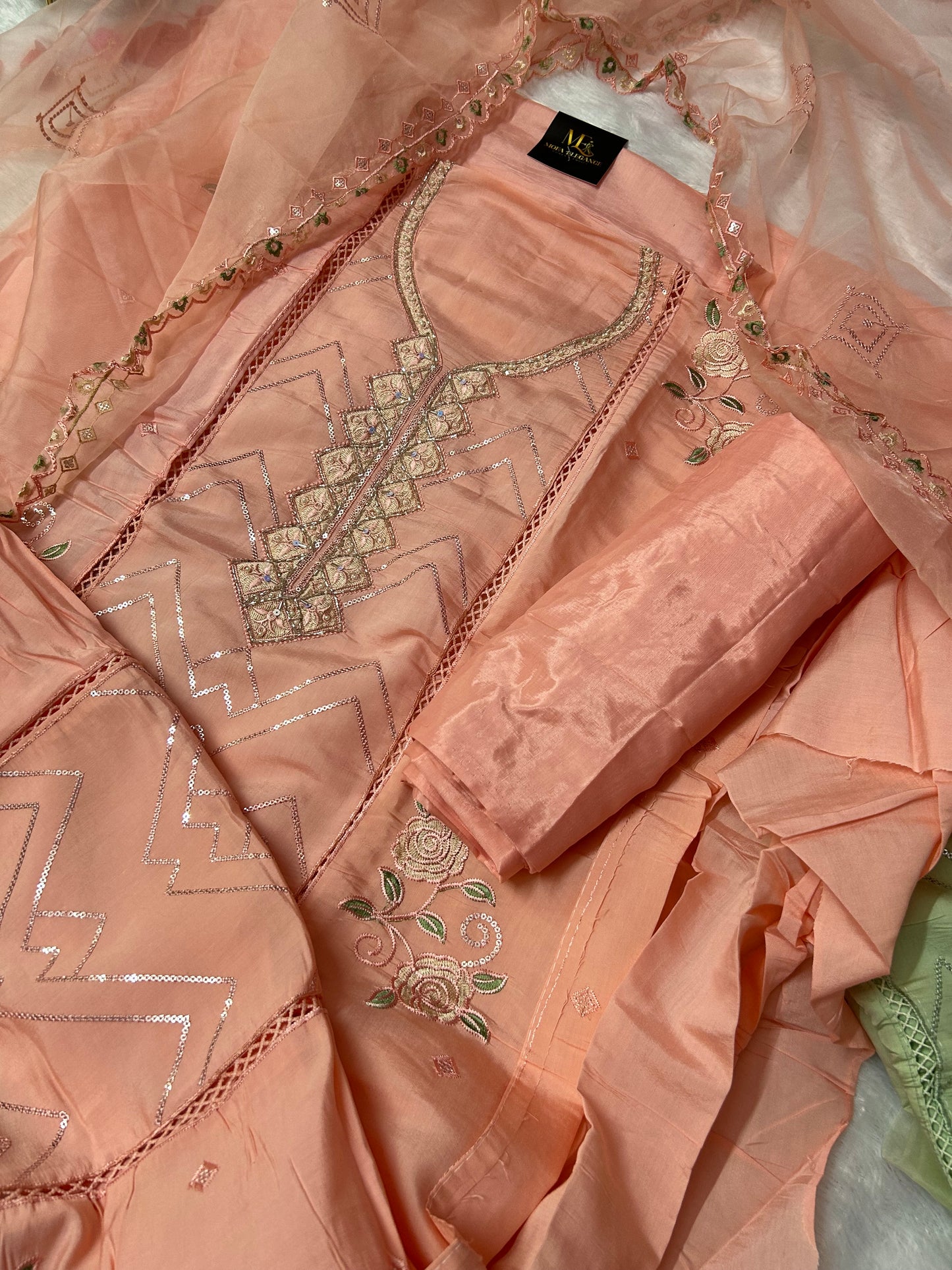 ORANGE  SOFT ORGANZA SUIT WITH CUTDANA WORK