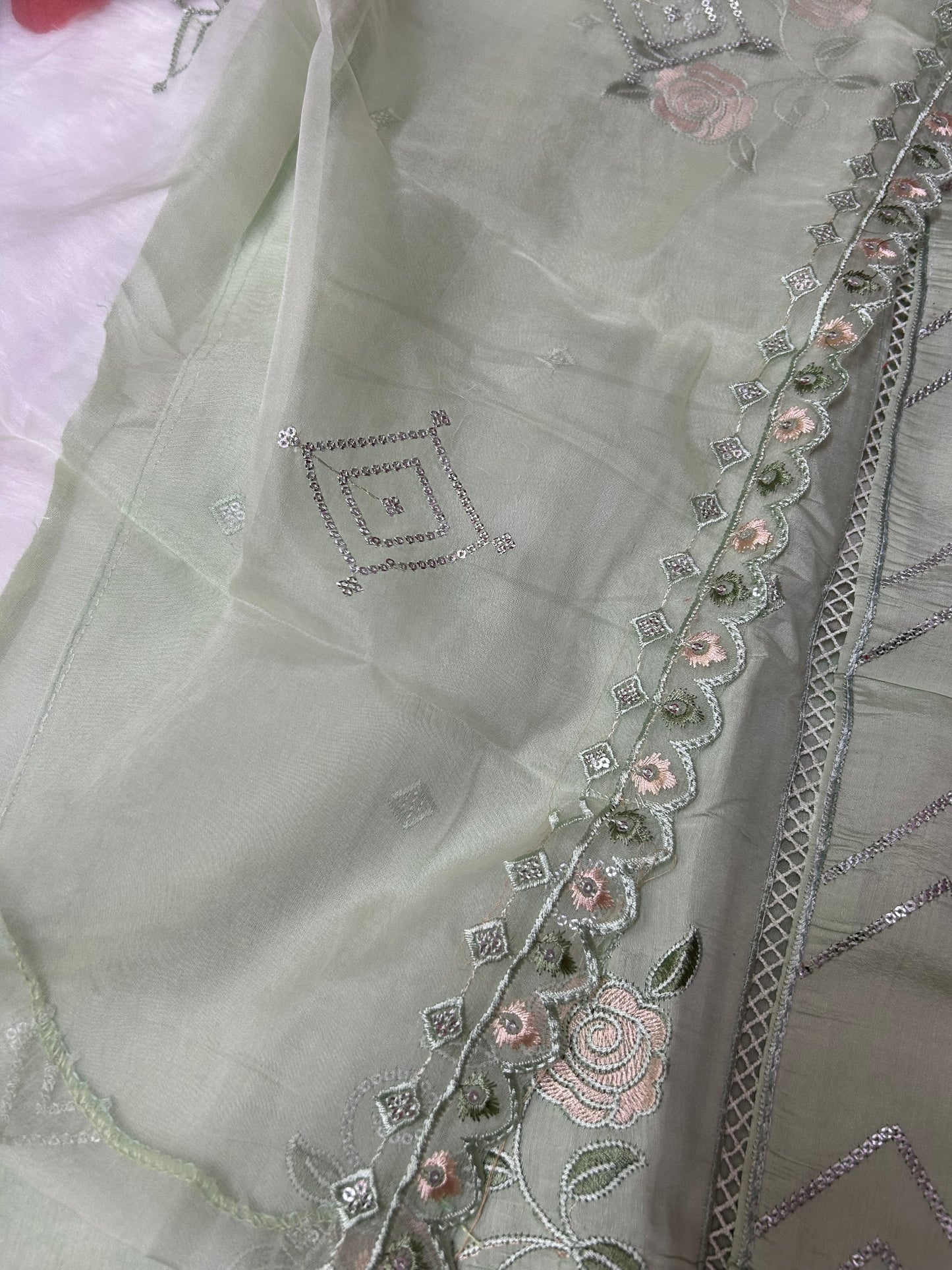 LIGHT GREEN SOFT ORGANZA SUIT WITH CUTDANA WORK